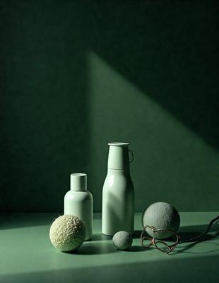 The primary subject of the image is a table with three vases and a bottle on it. The setting is a green background, which adds a natural and calming atmosphere to the scene. The visual style is a photo, capturing the details of the objects and their arrangement. The colors and mood of the image are predominantly green, creating a serene and peaceful ambiance.